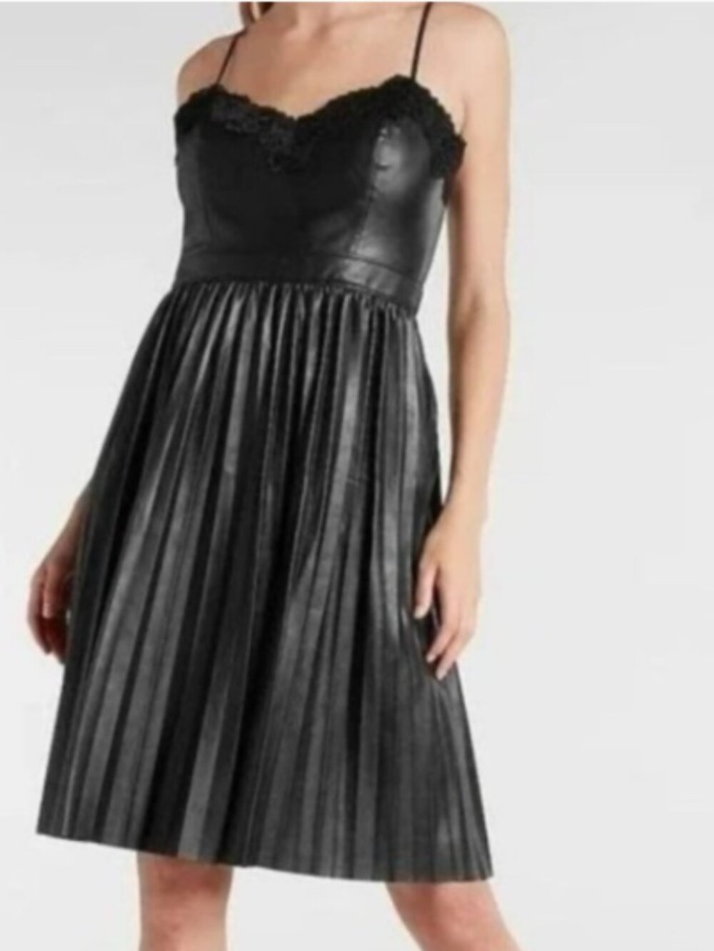 Express Black Faux Leather Pleated Dress with Lace Accents